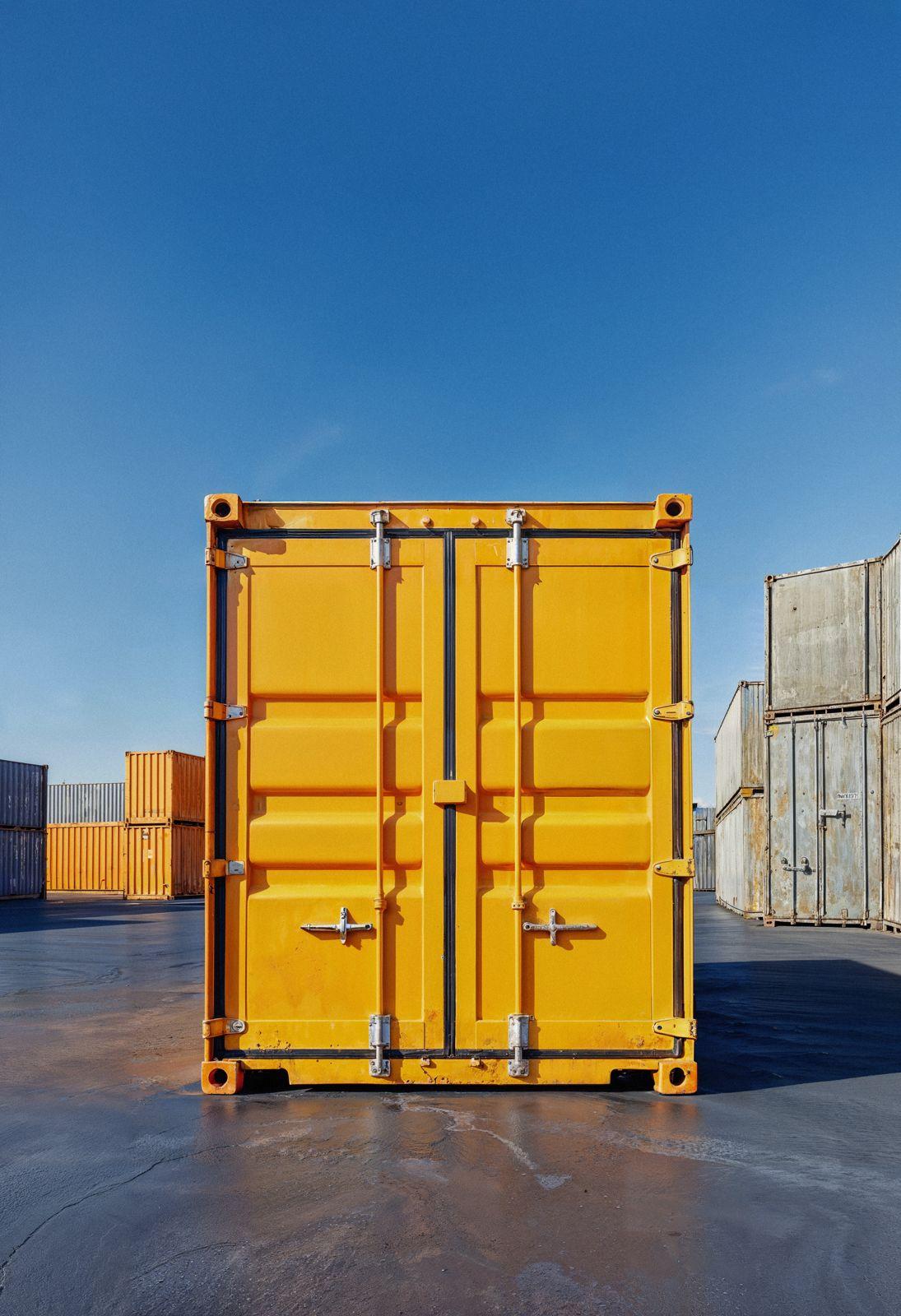 A yellow shipping container with its doors closed, standing in a container yard under a clear blue sky